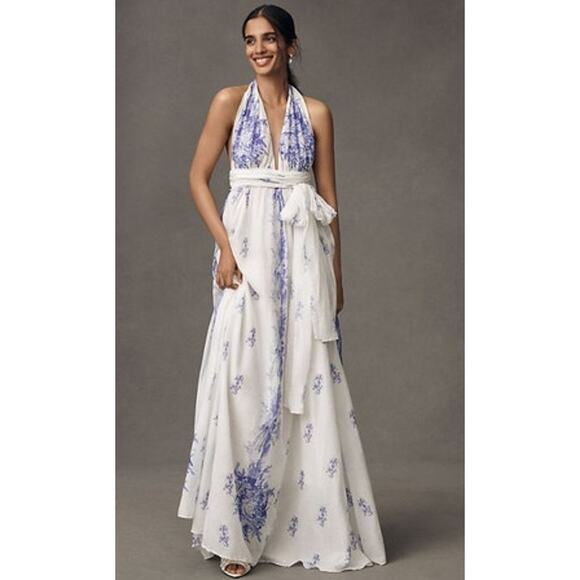 LoveShackFancy Lilah Dress Floral Halter Tie Maxi Victorian Blue White XS / S - Picture 2 of 12